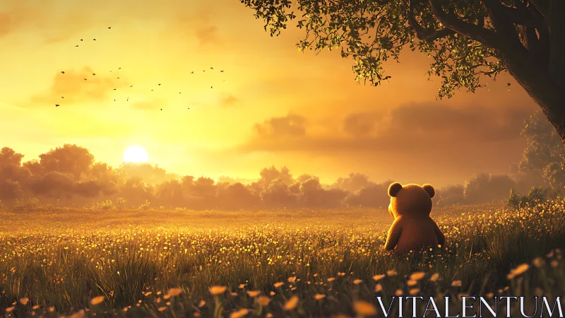 Teddy bear gazes over golden meadow at glowing sunset.