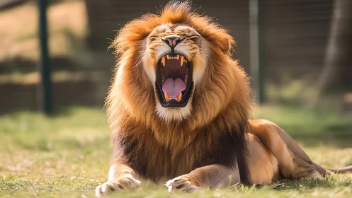 Male lion lies in sunlit grassland and yawns widely