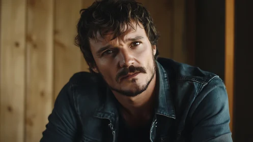 Thoughtful man in denim jacket against wooden wall background.