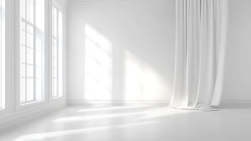 Sunlit minimal room where soft white curtains whisper.
