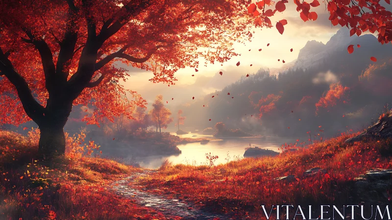 Autumn lakeside landscape rendered in warm cinematic lighting