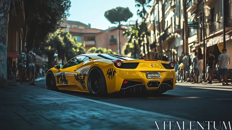 Yellow supercar idles in a sunlit European city street