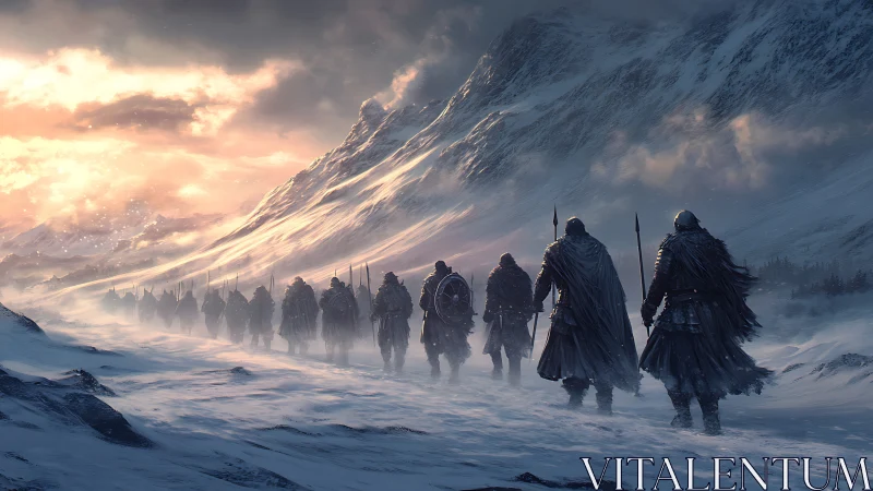 Frozen vanguard marches beneath stormlit mountain fire sky.