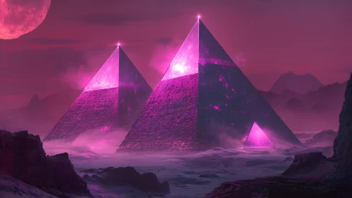 Luminescent alien pyramids emit magenta energy in a void