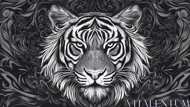Monochrome vector tiger portrait with ornamental swirling linework