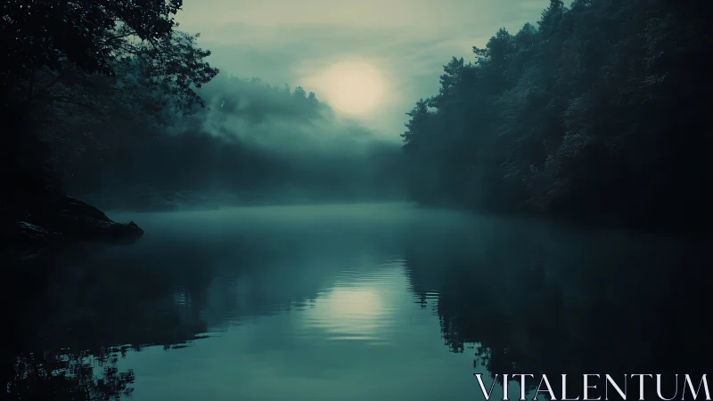 Foggy forest lake reflects bright overcast sky at dusk