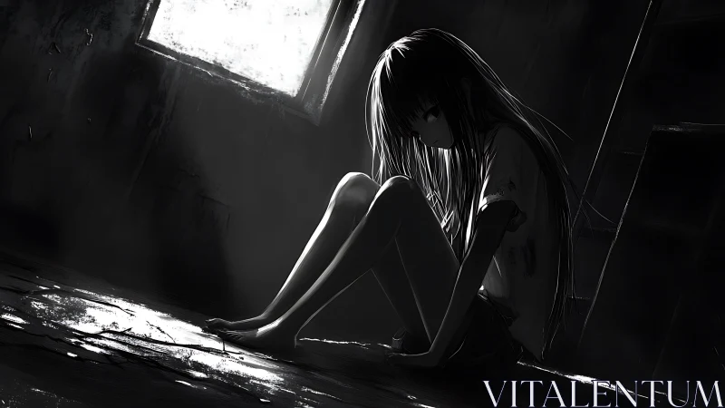 Monochrome anime girl in abandoned room under hard backlight