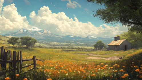 Sunny wildflower farm beneath gentle snow capped mountains.