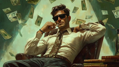 Confident businessman relaxing in chair as money falls down.