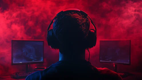 Gamer wearing headset in red lit dual monitor setup.