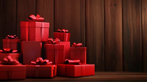 Crimson gift tower glows against rustic wooden backdrop.