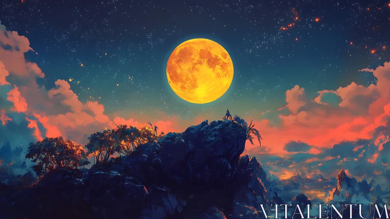 Luminous supermoon over tropical ridge in saturated dusk sky