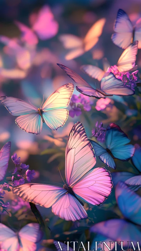 Dreamy pastel butterflies dancing in soft evening light.