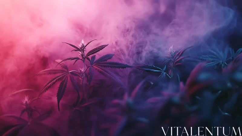 Cannabis foliage illuminated by magenta and cyan cinematic haze