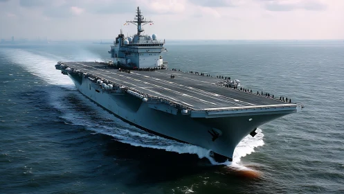 Modern aircraft carrier underway on calm open ocean waters.