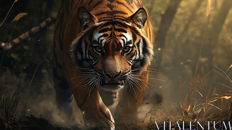 Tiger moving through forest in low warm light hunting.