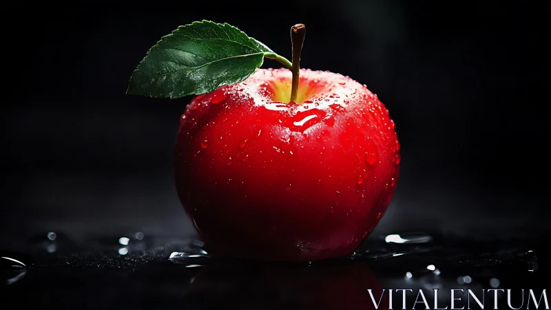 High-contrast macro study of wet red apple on glossy surface