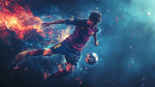 Soccer player strikes ball through blazing cosmic energy field