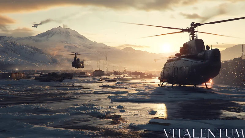Military helicopters depart a frozen mountain base at sunrise.