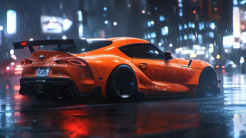 Orange sports coupe is parked on a wet city street at night