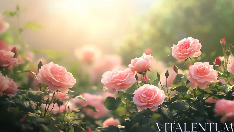 Pink roses in afternoon garden light with soft bokeh background.