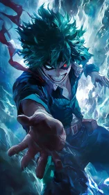 Male figure extends hand forward amid dynamic blue energy field