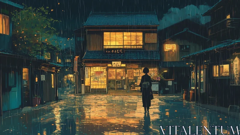 Rain-soaked alley before a glowing traditional storefront at dusk.