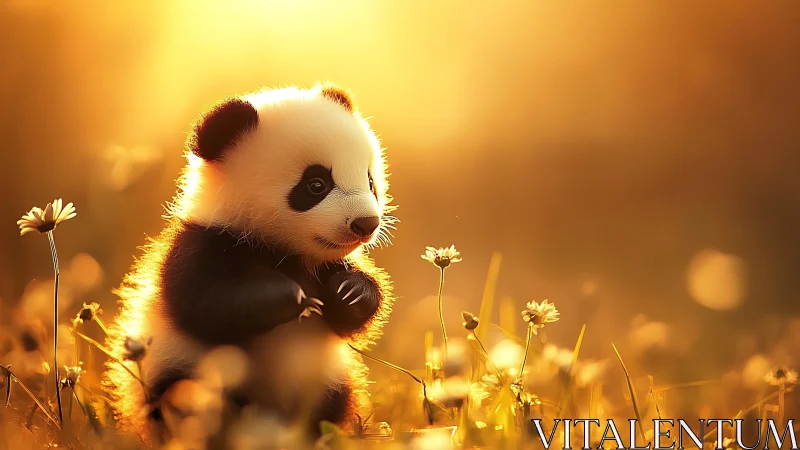 Backlit panda cub rendered in warm bokeh field illumination