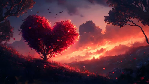 Heart-Shaped Tree Ablaze at Sunset Over Romantic Valley Landscape