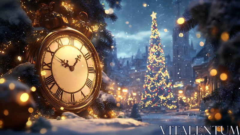Golden clock and festive tree in cinematic winter square.