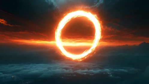 Blazing celestial ring burns above stormy twilight clouds