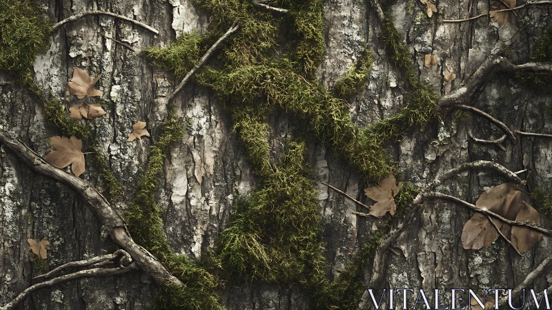 Moss and Vines Forming Star of David on Tree Bark, Nature Art.