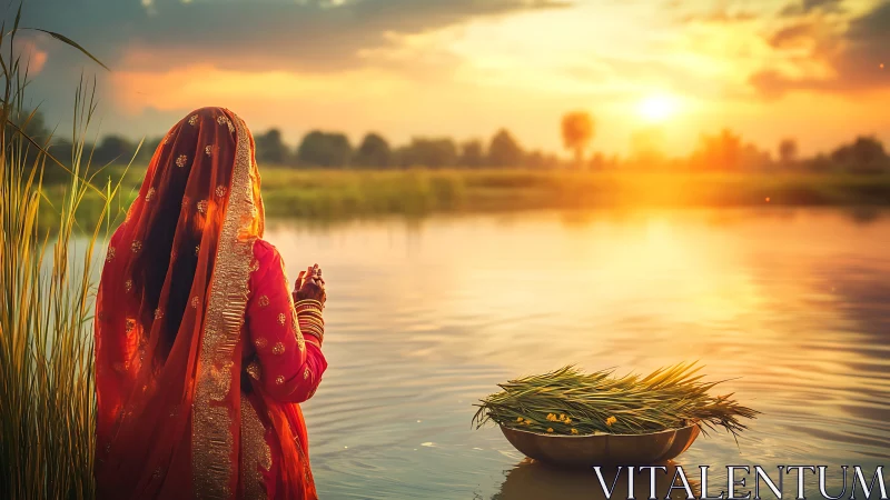 Woman in traditional attire performing river ritual at sunset.