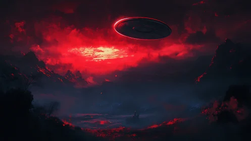 Massive UFO hovers above red storm over shadowed valley