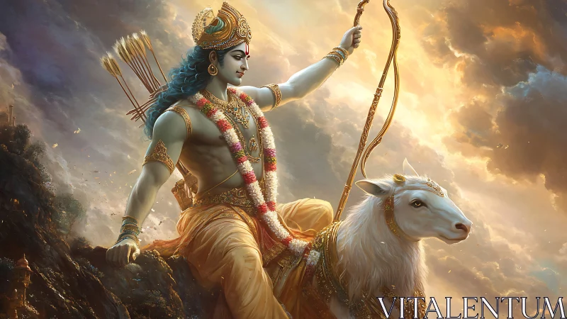 Divine warrior riding white steed in radiant storm clouds.