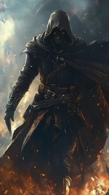 Hooded rogue with glowing eyes advances through embers