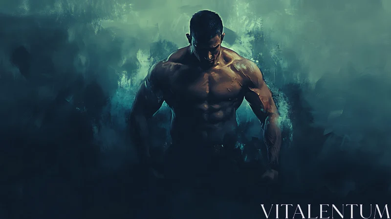 Muscular male figure emerges from dark teal misty void