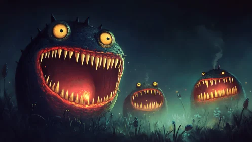 Three glowing-mouthed monsters stand in a misty night field