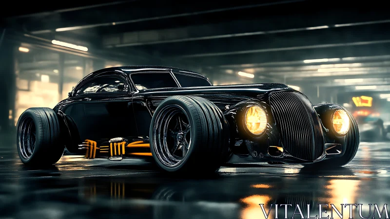 Custom black hot rod coupe in wet underground garage at night.
