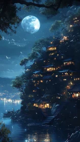 Moonlit hillside village above tranquil lakeside harbor.