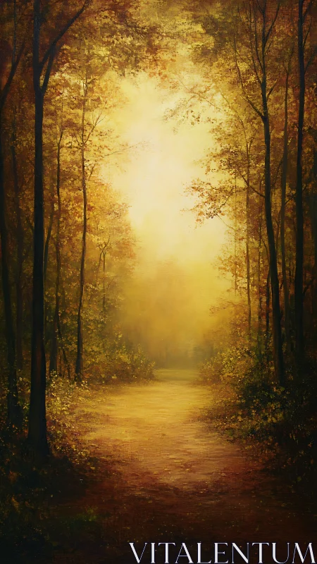 Golden Forest Passage: Luminous Pathway Through Autumn Canopy.