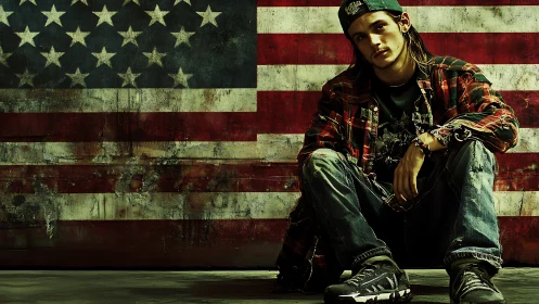 Brooding youth slumps against a distressed American flag wall