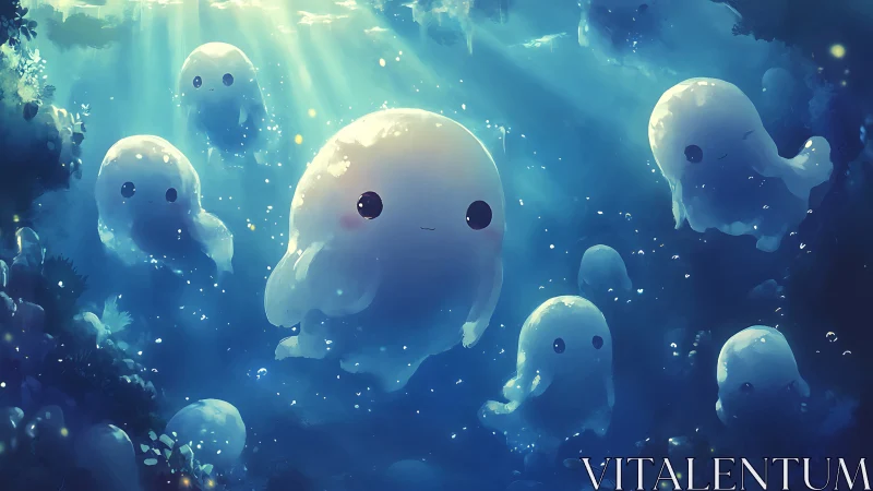 Glowbubble spirits drift through a sunlit ocean dream.