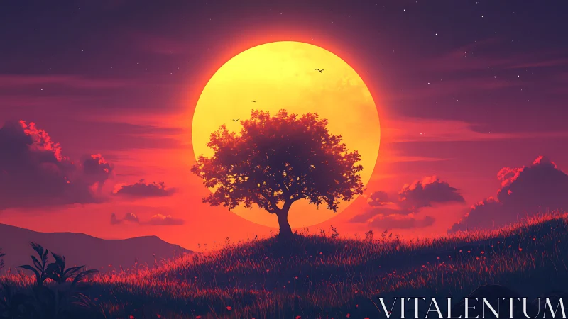 Golden moonrise behind a quiet hilltop tree at dusk.