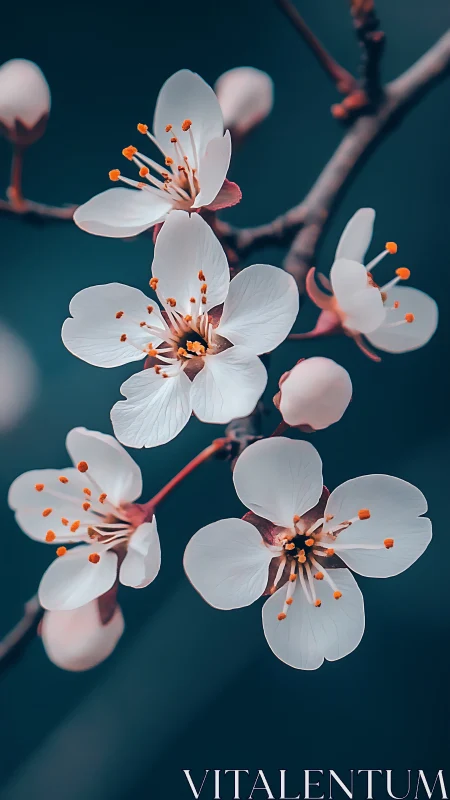 Delicate white blossoms with golden stamens on teal backdrop.