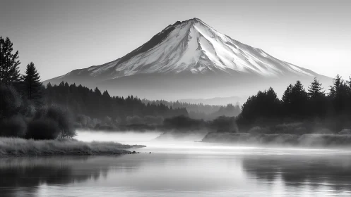 Snow-capped stratovolcano above river and forest in foggy light.