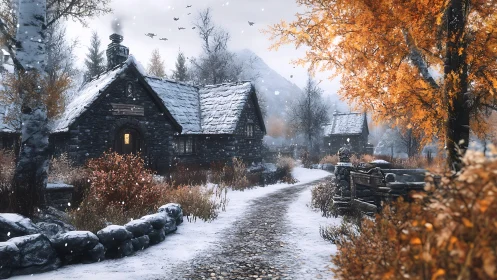 Photorealistic rustic village lane in early winter snowfall.