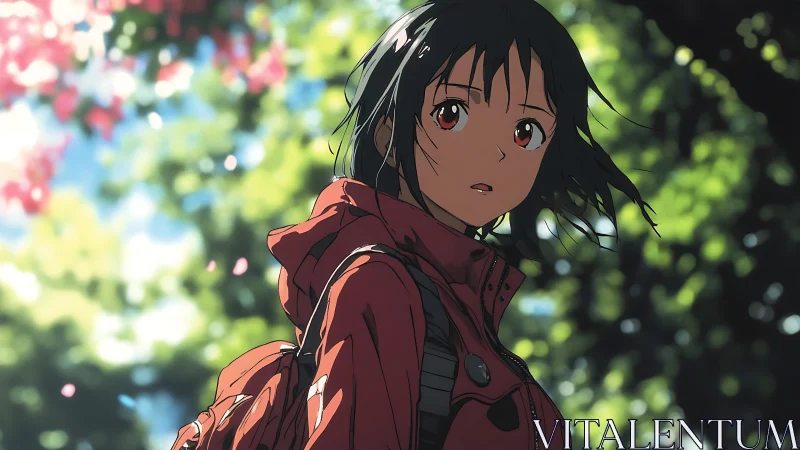 Anime hiker girl in red jacket under dappled forest light