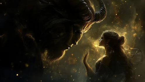 Starlit girl and horned beast sharing a quiet golden truce.