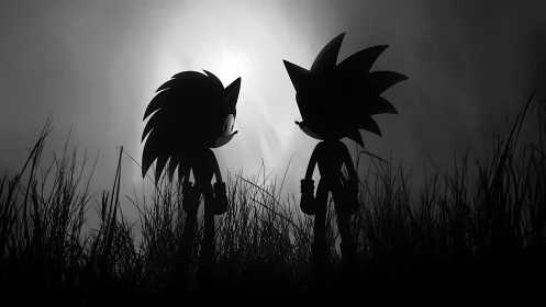 Backlit hedgehog silhouettes confront each other in misty field